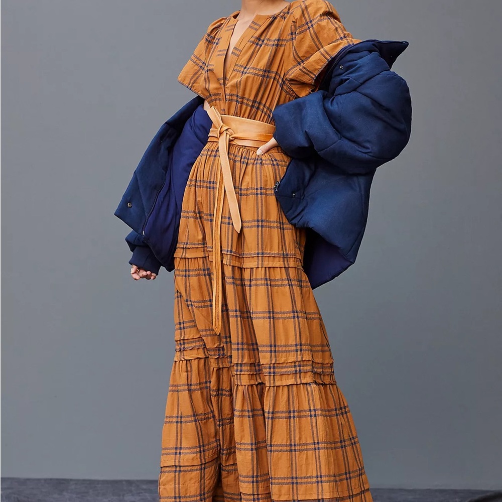 Anthropologie Maeve Somerset Maxi Dress Tan Blue Plaid Small